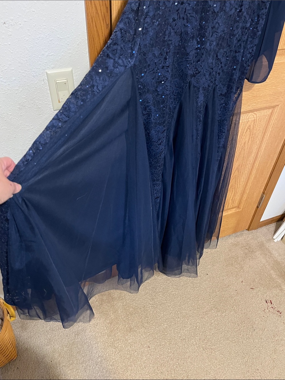 Navy Sequin Lace Evening Wedding Dress with Chiffon sleeves - Picture 6 of 7
